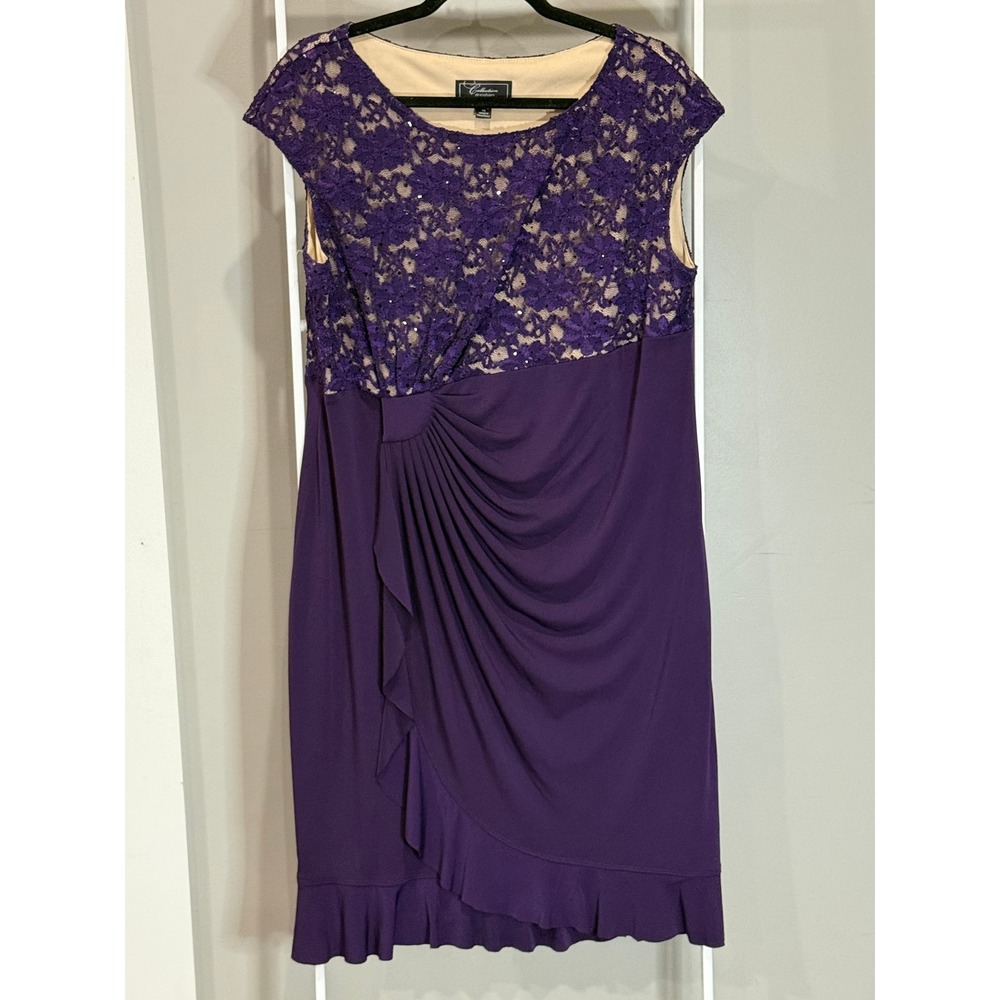 Dressbarn Collection Purple Sequin Lace Draped Sheath Dress Womens 14 Wedding